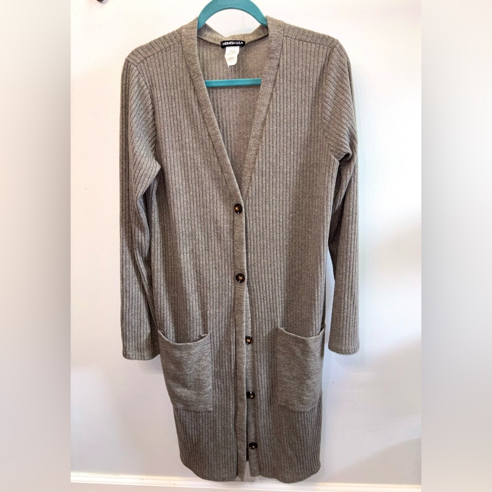 HEIMISH USA Light Olive Ribbed Button-Front Long Cardigan
